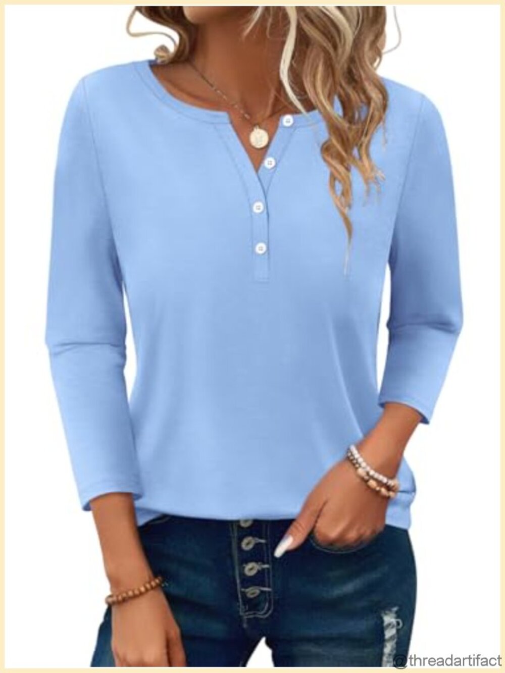 Women's 3/4 Sleeve Button Down Scoop Neck Casual Top